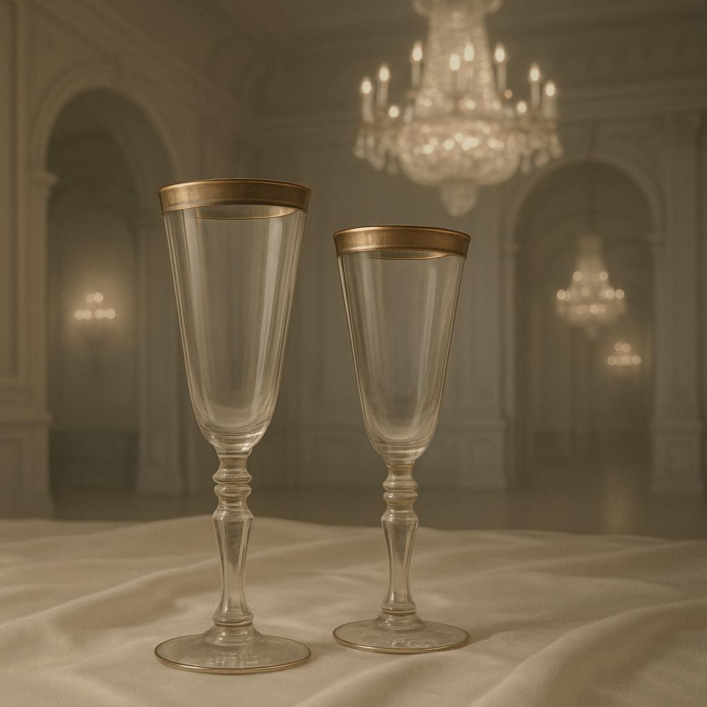 Two empty champagne flutes stand aligned on a white tablecloth, their gold-trimmed rims gleaming in the soft light. The gl...